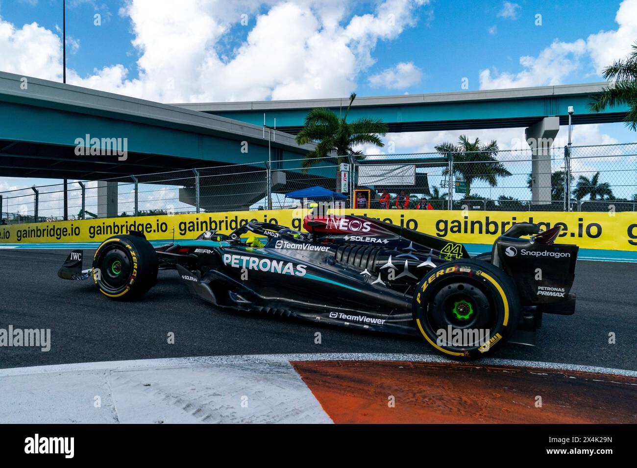 Miami Gardens, United States. 03rd May, 2024. British Formula One driver Lewis Hamilton of Mercedes-AMG Petronas participates in sprint qualifying during the Formula One Miami Grand Prix at the Miami International Autodrome in Miami Gardens, Florida on Friday, May 3, 2024 Photo by Greg Nash/UPI. Credit: UPI/Alamy Live News Stock Photo