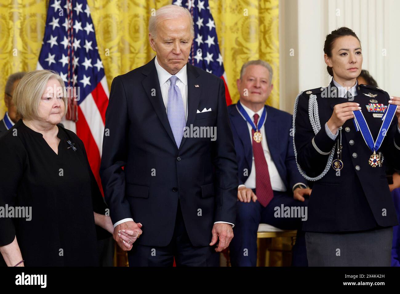 Washington, United States. 03rd May, 2024. U.S. President Joe Biden presents Judy Shepard, co-founder of the Matthew Shepard Foundation, with the Presidential Medal of Freedom, the country's highest civilian honor, during a ceremony in the East Room of the White House in Washington, DC on Friday, May 3, 2024. Several of today's recipients are Democratic Party stalwarts, and Biden himself was awarded the honor by former President Barack Obama in the final days of their administration in 2017. Photo by Jonathan Ernst/Pool/Sipa USA Credit: Sipa USA/Alamy Live News Stock Photo