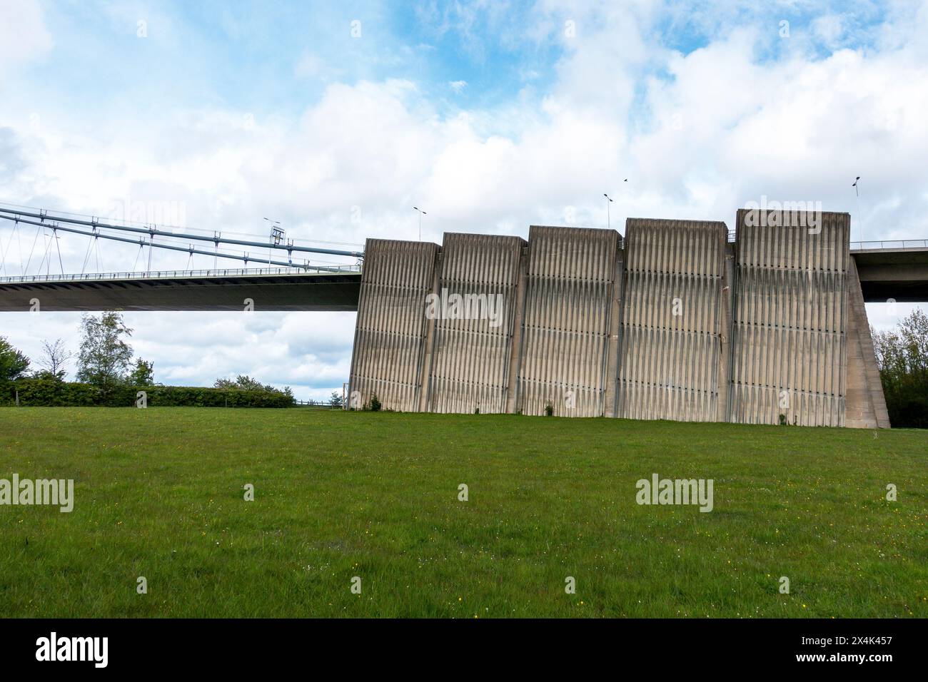 The Humber Bridge,The cable anchor points are enclosed by this concrete wall, Stock Photo