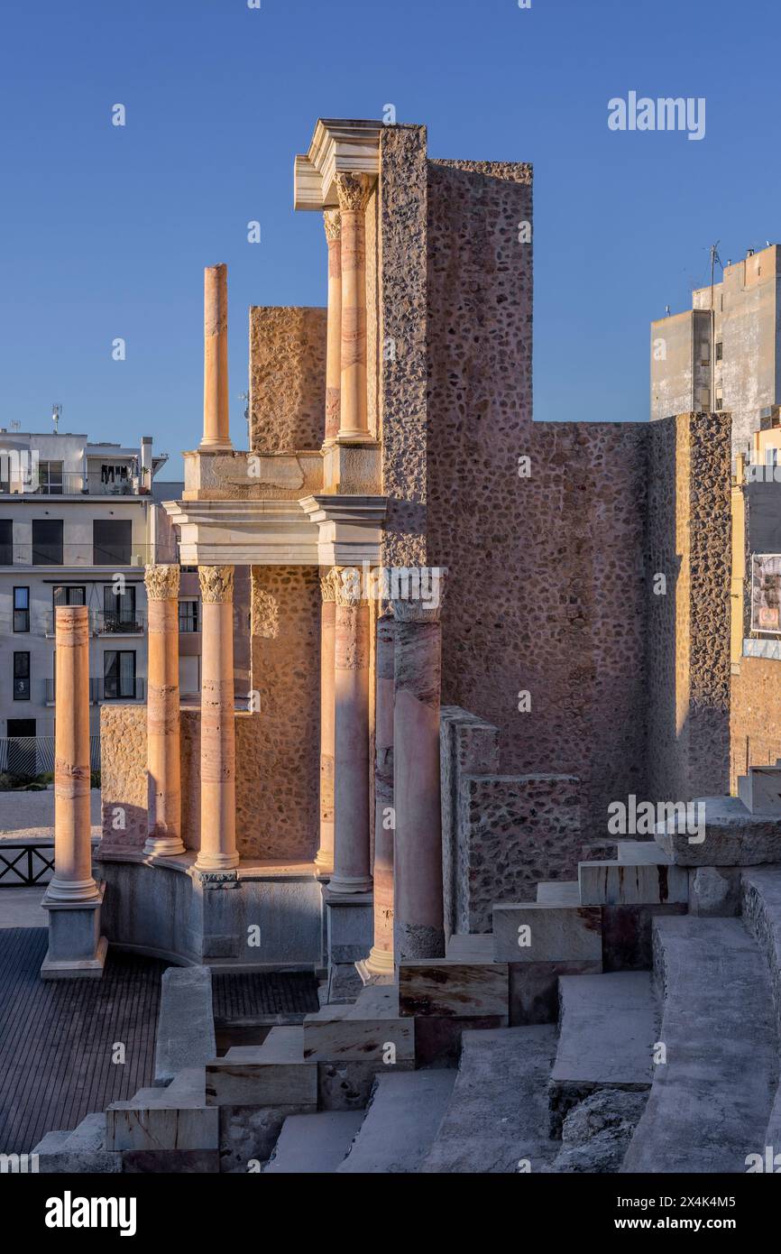 Ruins under restoration of the Roman theater from the 1st century BC, archaeological discovery in the city of Cartagena, Region of Murcia, Spain. Stock Photo