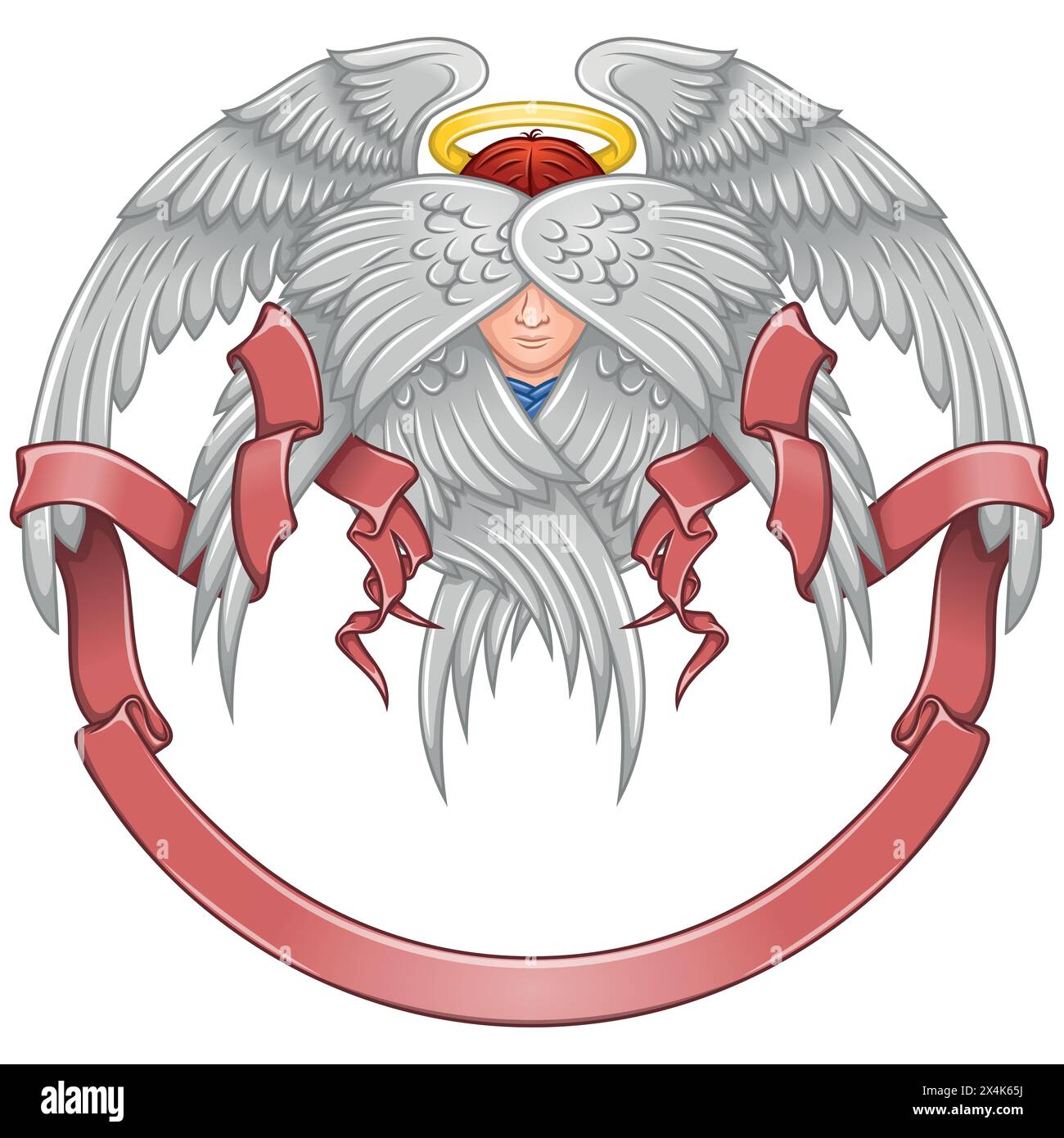 Vector design of Angel with six wings and ribbon, angelic face of the Catholic religion, winged archangel and surrounded with celestial scroll Stock Vector