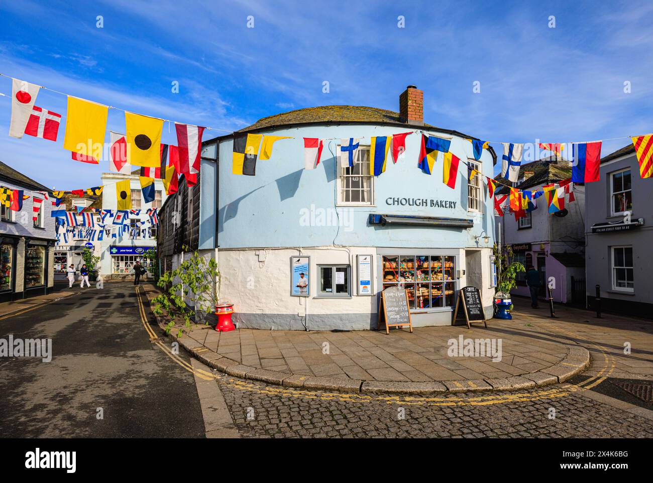 Colourful bunting in the streets for the 'Obby 'Oss festival, a