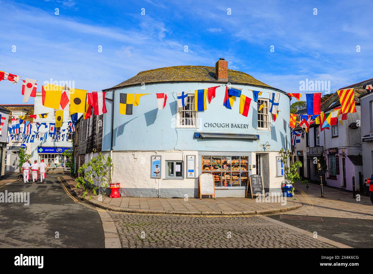Colourful bunting in the streets for the 'Obby 'Oss festival, a