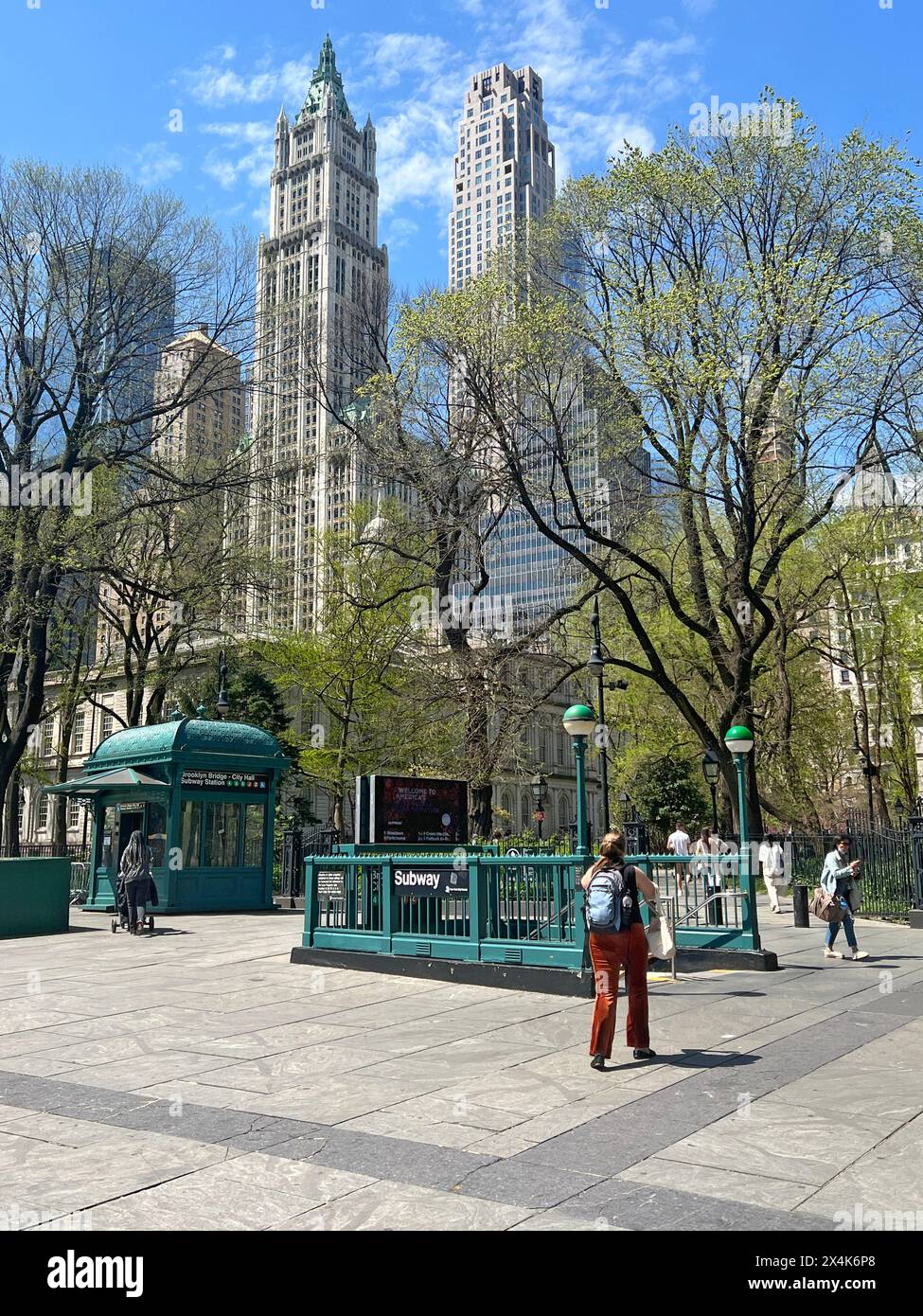 City Hall Subway entrance; with City Hall and park in the rear; New York City Stock Photo