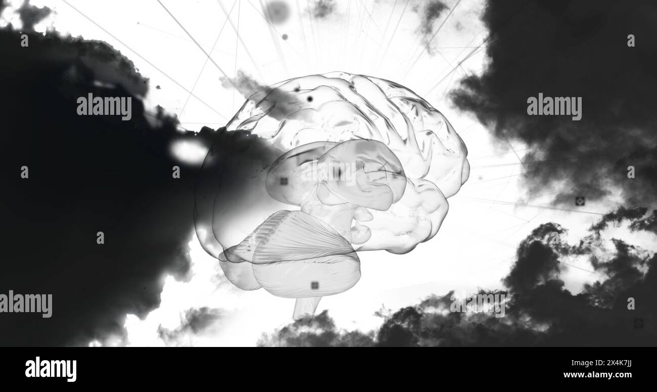 Image of glowing human brain with data processing and clouds Stock Photo