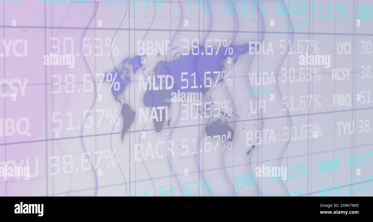 Image of digital interface with financial data processing over world map Stock Photo
