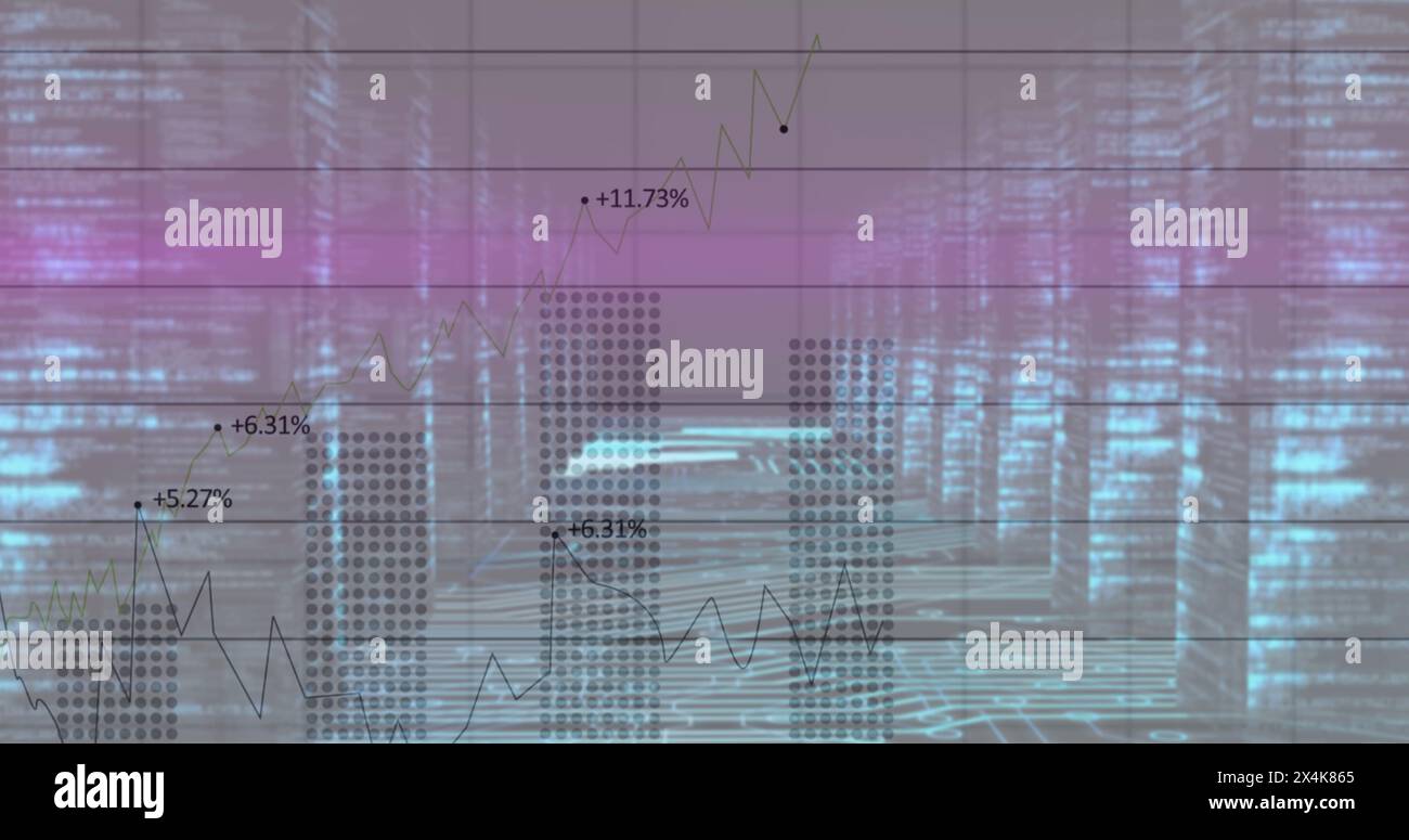 Image of financial data processing over glowing computer servers Stock Photo