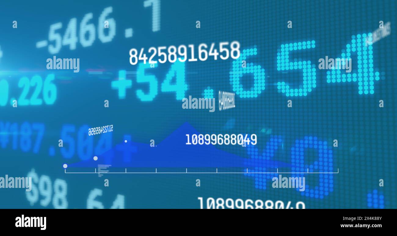 Image of numbers changing and financial data processing on blue background Stock Photo