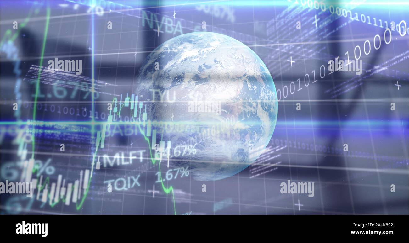 Image of financial data processing over globe Stock Photo