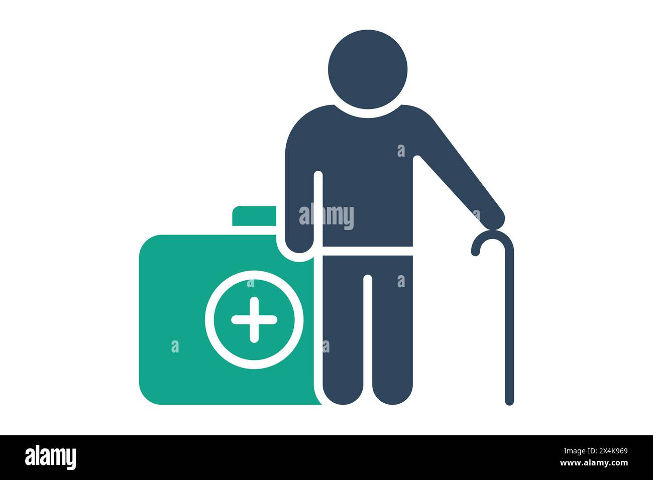 health icon. elderly using walking stick with health box. icon related to elderly. solid icon style. old age element illustration Stock Vector