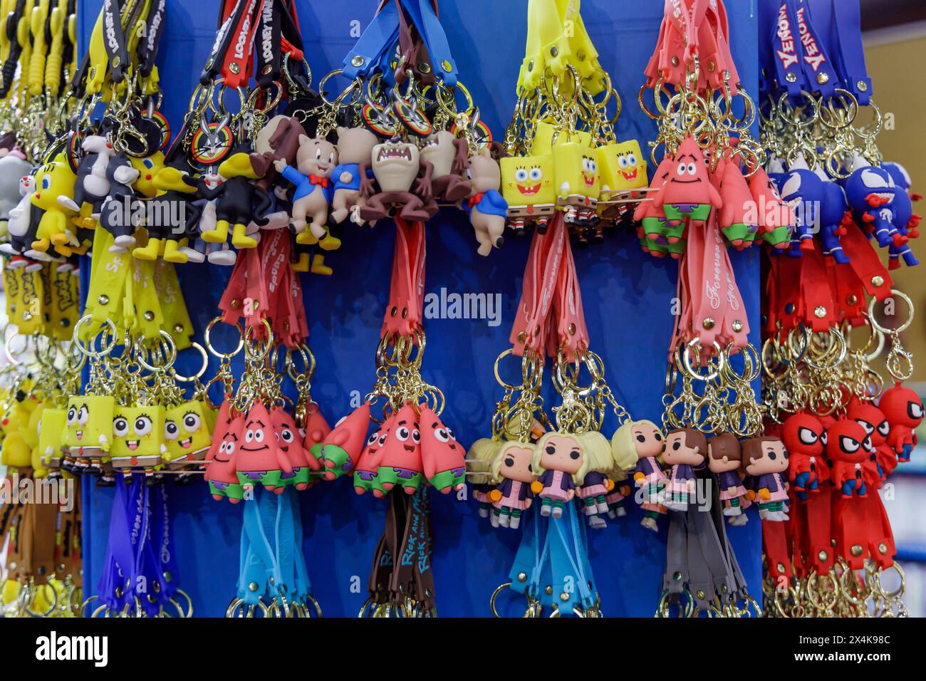 Buenos Aires, Argentina; April 26th 2024: Cartoon character keychains. Stock Photo