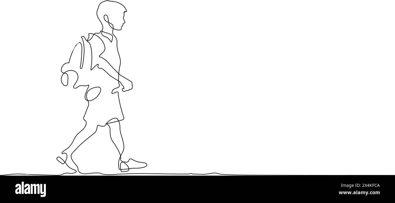 continuous line drawing of school boy walking on the way of education concept thin line illustration vector Stock Vector