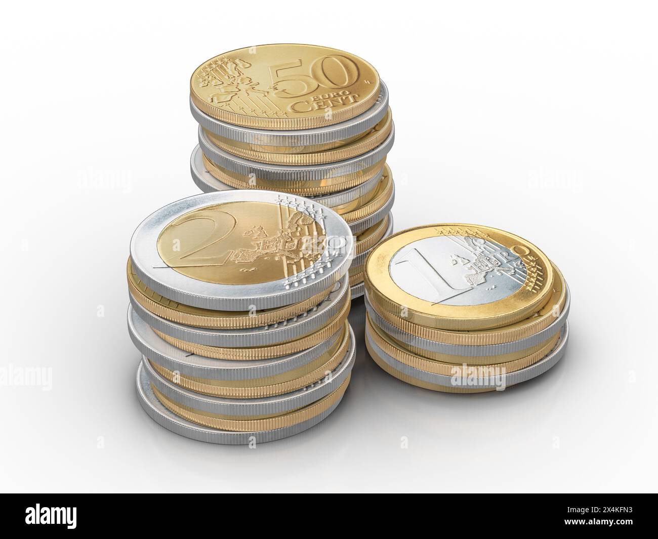 Euro coins on a white background. 3d illustration Stock Photo - Alamy