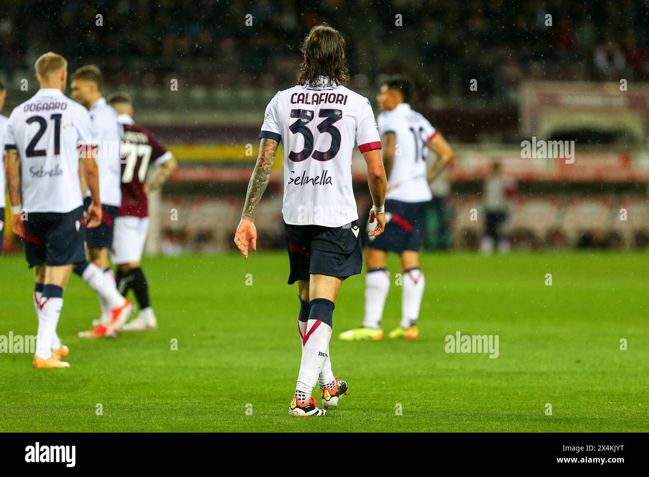 Riccardo Calafiori of Bologna FC  during the Serie A match between Torino FC and Bologna FC  on May 03, 2024 at Olympic Grande Torino Stadium in Turin Stock Photo