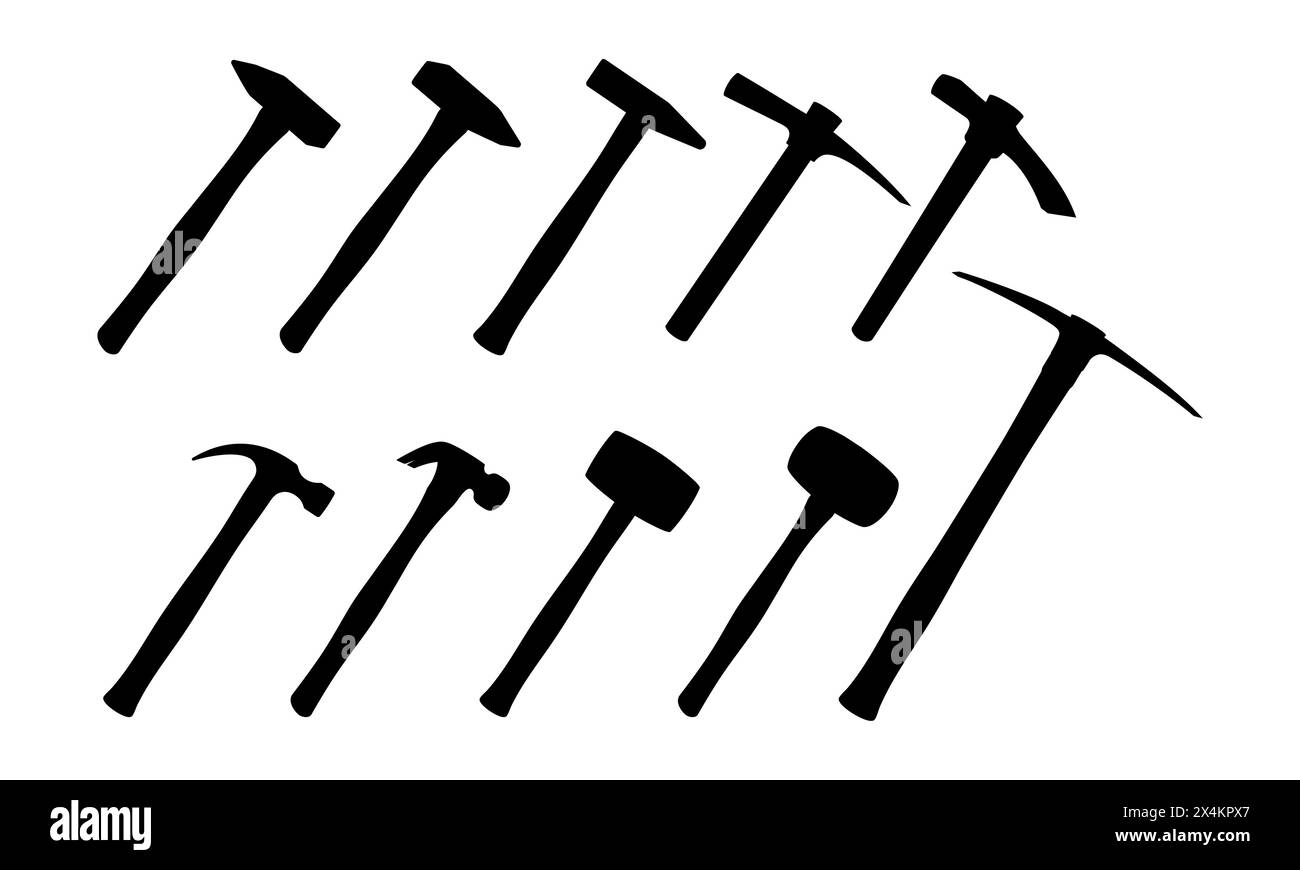 Set of instruments sledge hammer, hammer, wooden mallet. Working tool