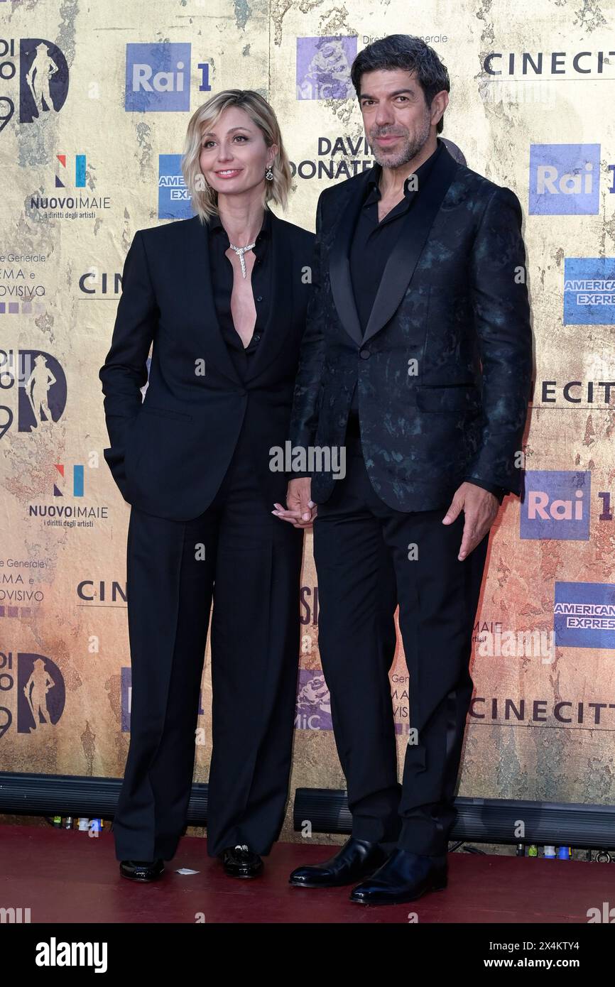 Rome, Italy. 03rd May, 2024. Anna Ferzetti (l) and Pierfrancesco Favino (r)  attend the red carpet of Premi David di Donatello 2024 event at Studio 5  Cinecittà. (Photo by Mario Cartelli/SOPA Images/Sipa, image size:866x1390