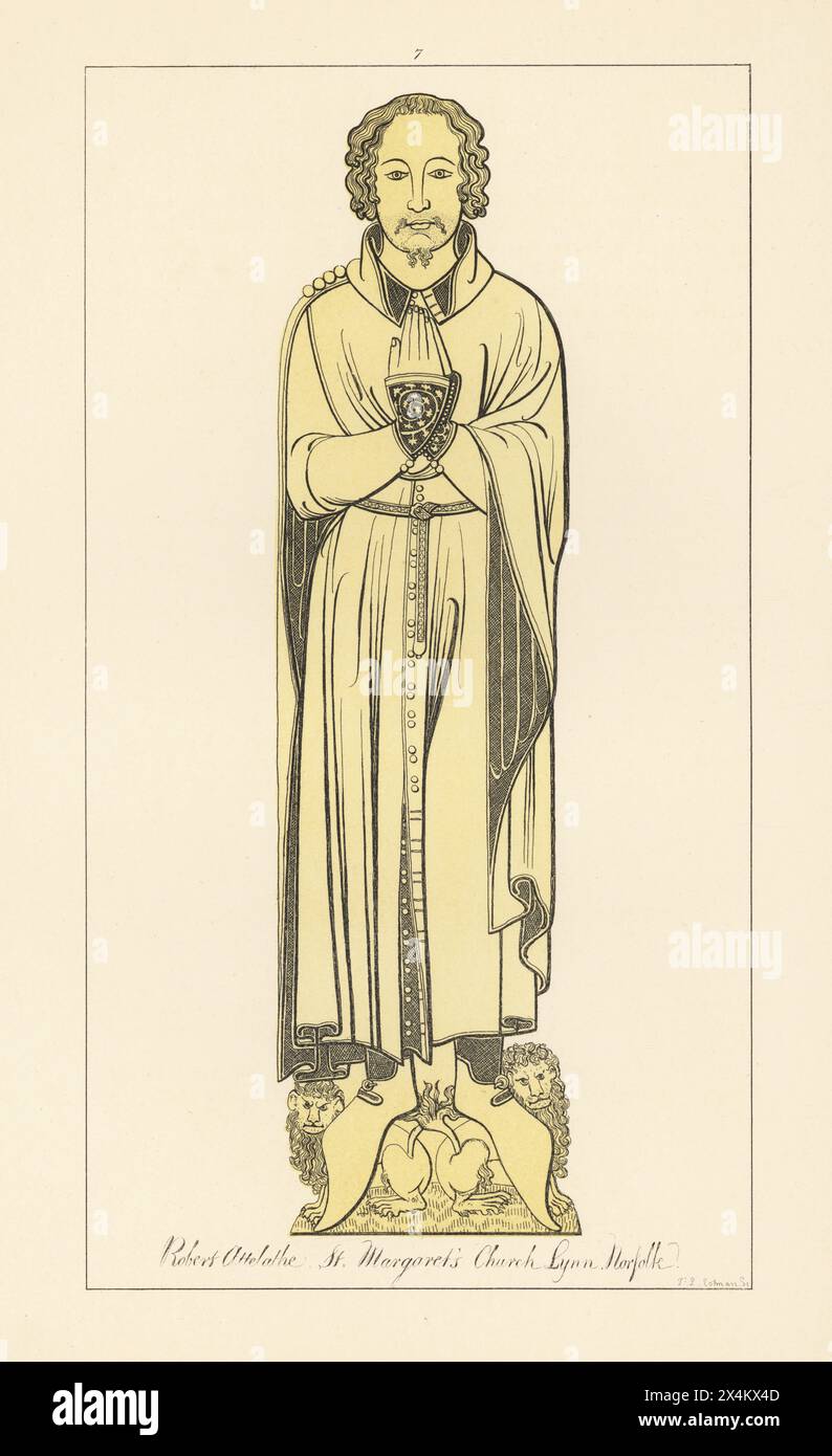 Robert Attelath, member of the wealthy corporation of Lynn, died 1376. In long coat with mayorial buttons on the shoulder, embroidered belt. St. Margaret's Church, Lynn, Norfolk. Handtinted copperplate engraving drawn, etched and published by John Sell Cotman in Engravings of the Most Remarkable of the Sepulchral Brasses in Suffolk, Henry Bohn, London, 1818. Stock Photo