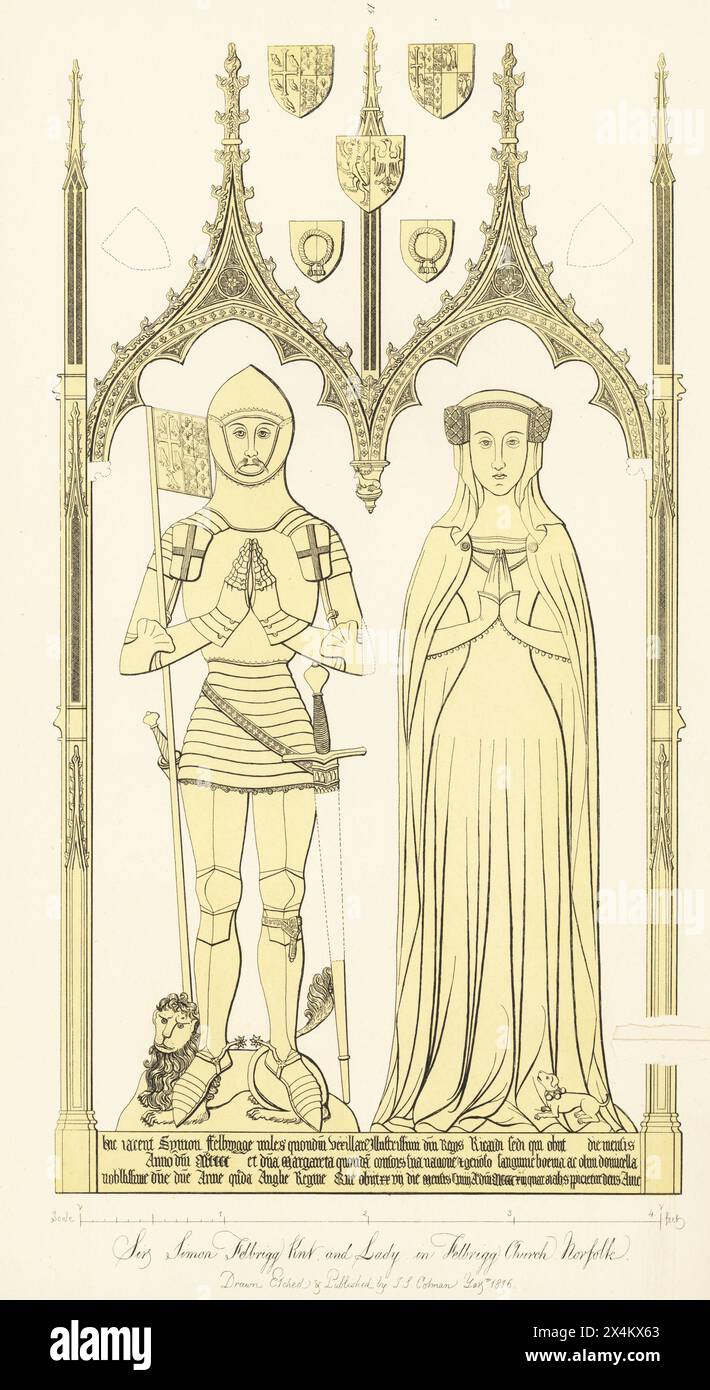 Sir Simon Felbrigge and Lady Margaret Felbrigge, 1413. Knight in plate armour with shoulder palettes with a cross of St. George, garter on left leg, banner or pennon with coat of arms of King Richard II. Wife Margaret, daughter of Primislaus, (Przemysław I Noszak) Duke of Teschen, died 1413. Memorial brass at St Margaret's Church, Felbrigg, Norfolk. Handtinted copperplate engraving drawn, etched and published by John Sell Cotman in Engravings of the Most Remarkable of the Sepulchral Brasses in Suffolk, Henry Bohn, London, 1818. Stock Photo