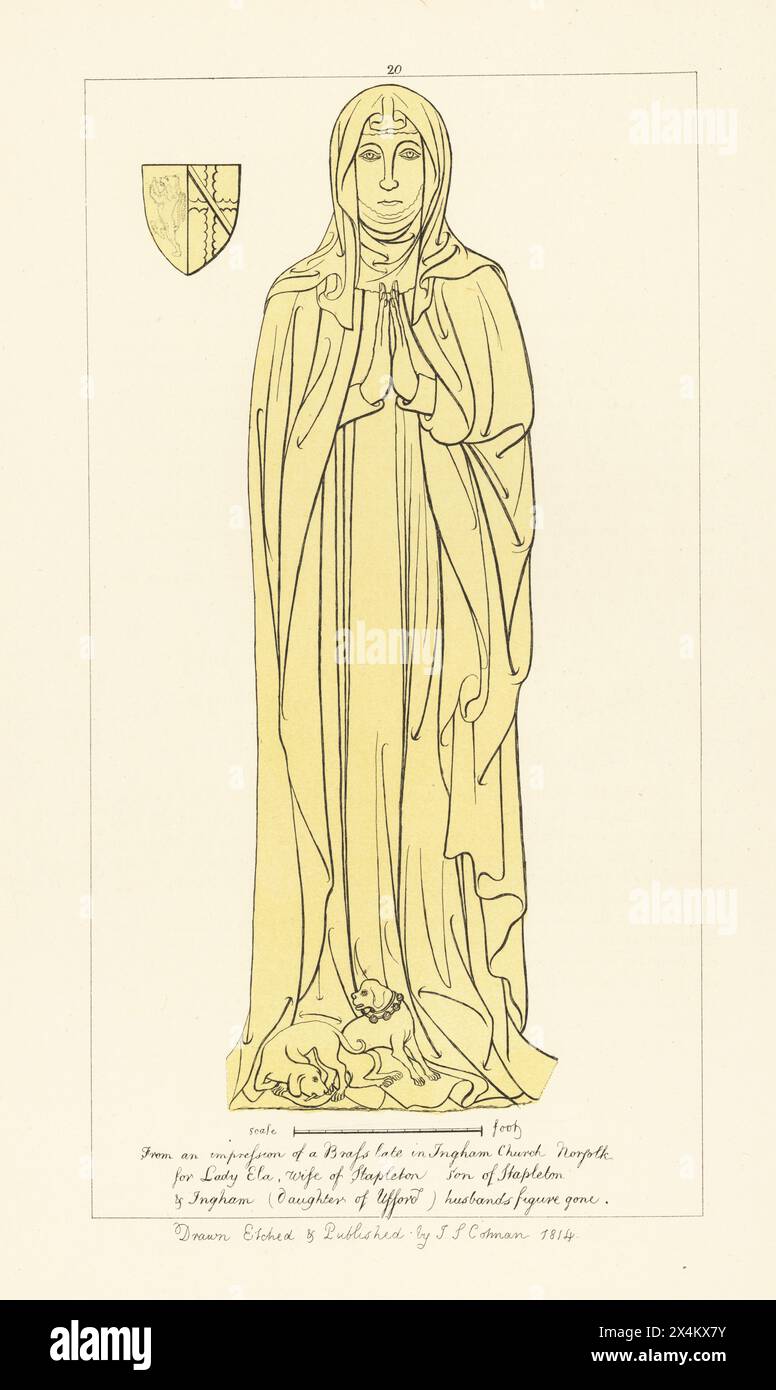 Lady Ela, relict (widow) of Sir Miles Stapleton, daughter of Sir Edmund Ufford, circa 1425. In veil, mantle and robe, with pet dogs. Memorial brass in Holy Trintiy Church, Ingham, Norfolk. Handtinted copperplate engraving drawn, etched and published by John Sell Cotman in Engravings of the Most Remarkable of the Sepulchral Brasses in Suffolk, Henry Bohn, London, 1818. Stock Photo