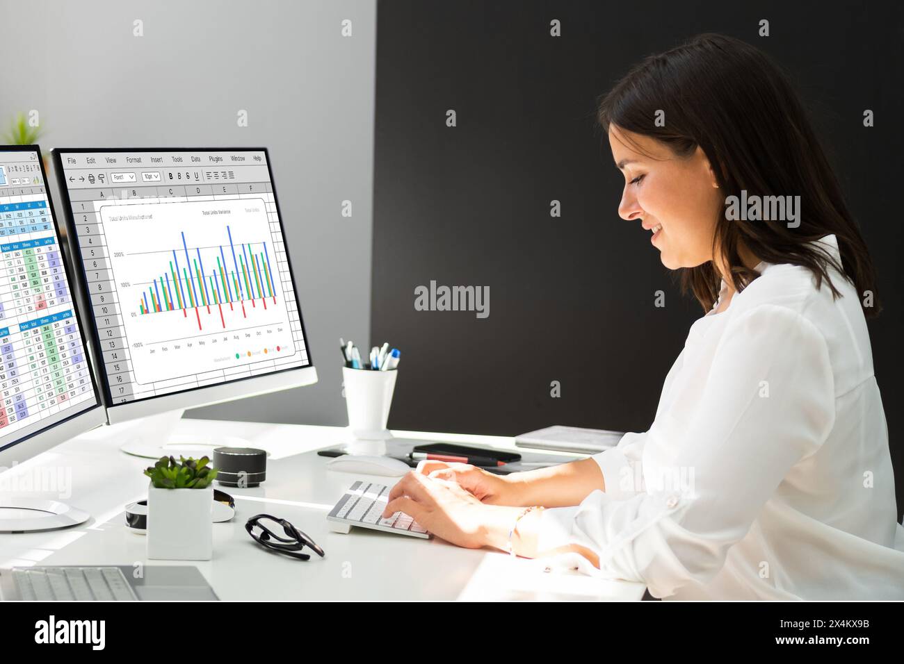 Two women analyzing data on computer desktop spreadsheet Stock Photo