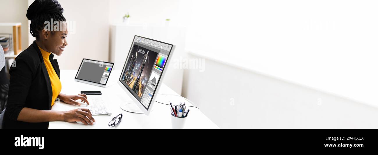 Graphic Designer Artist Working On Multiple Computer Screens Stock ...