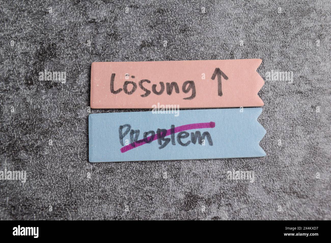 Concept of Losung und Problem write on sticky notes isolated on Wooden Table. Stock Photo