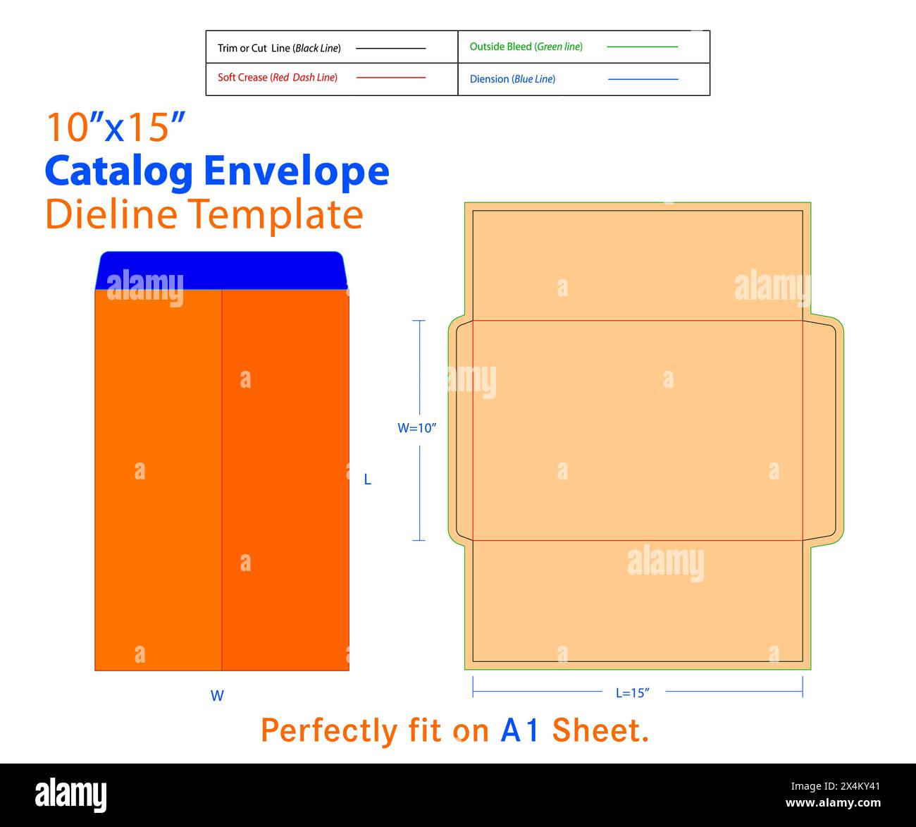 Catalogue Envelope W 10, L 15 Inches Die line Template. Catalogue