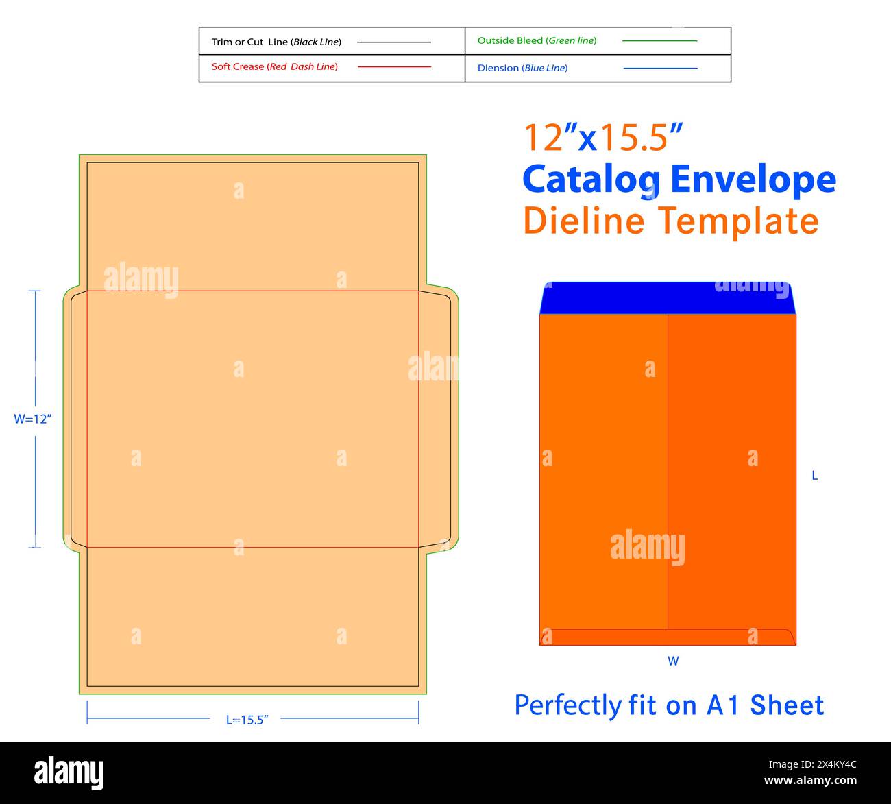 Catalogue Envelope W 12, L 15..5 Inches Die line Template. Catalogue