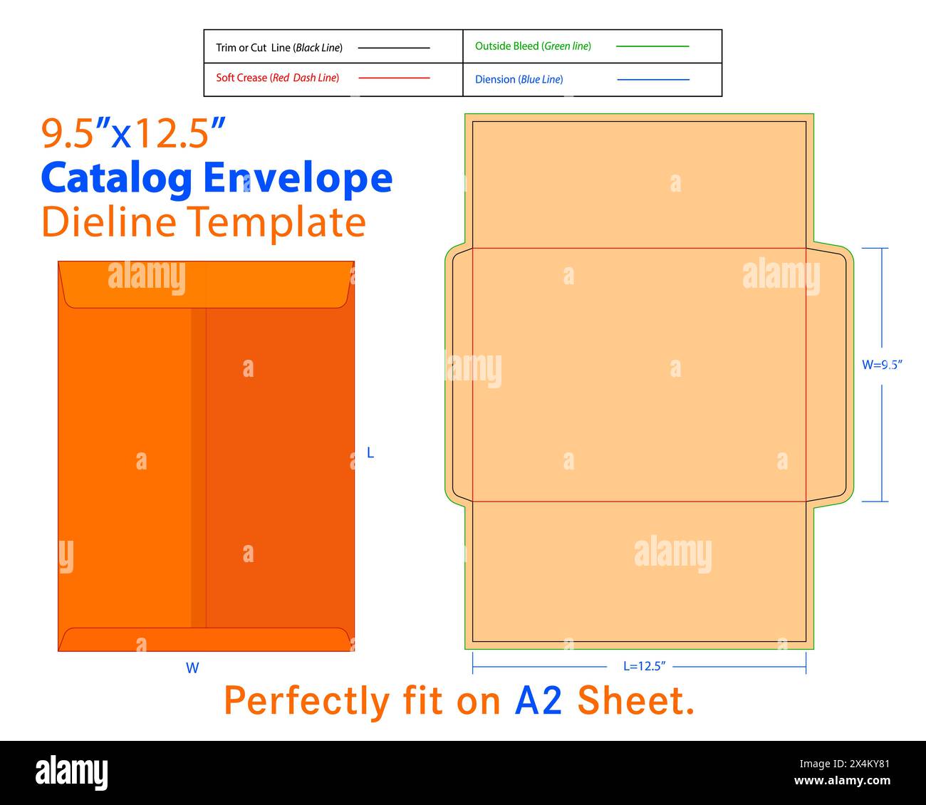 Catalogue Envelope W 9.5, L 12.5 Inches Die line Template. Catalogue