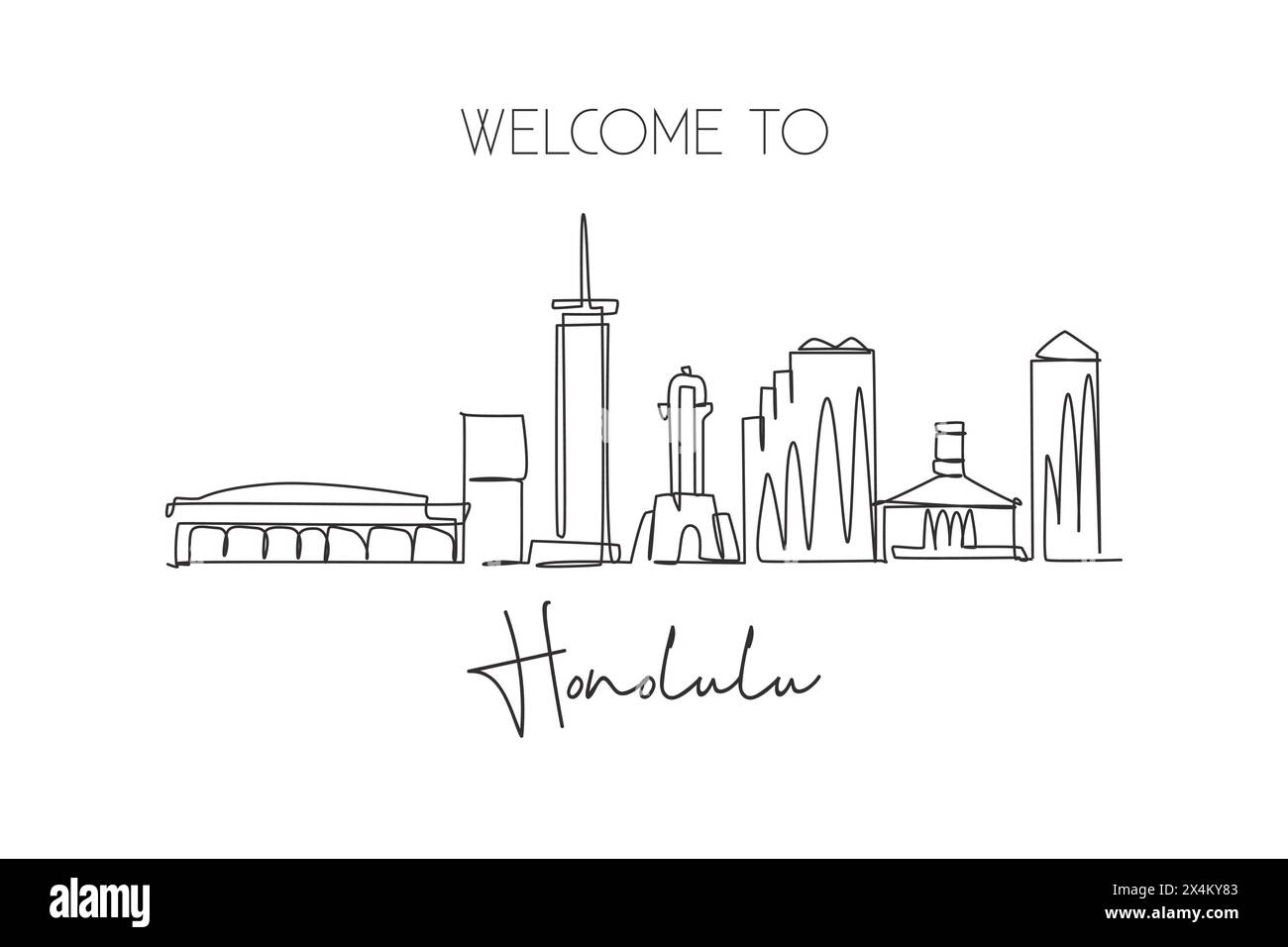 One continuous line drawing of Honolulu city skyline, Hawaii. Beautiful landmark. World landscape tourism travel home wall decor poster print art. Sty Stock Vector