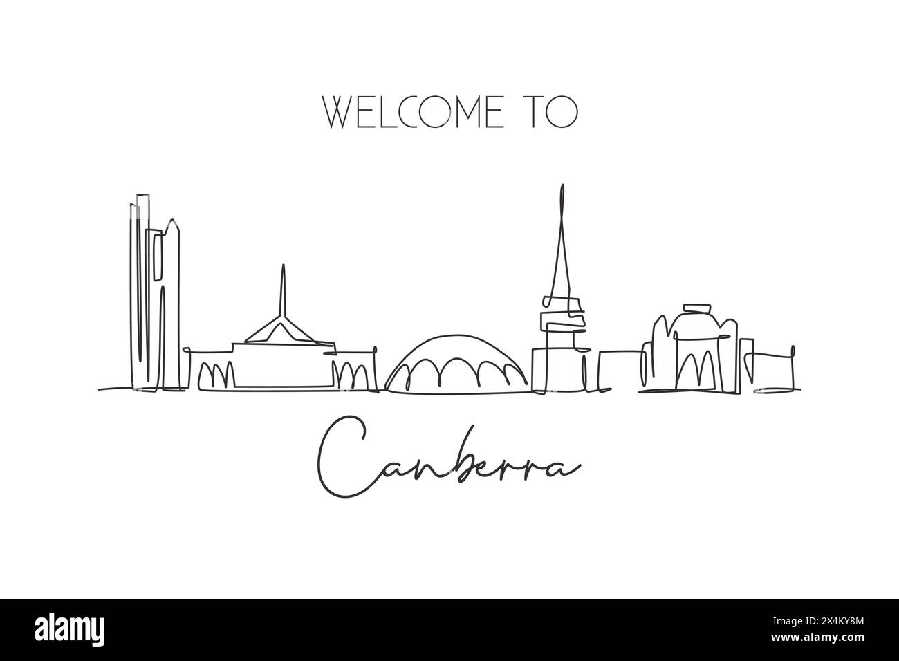 One single line drawing Canberra city skyline, Australia. Historical town landscape. Best holiday destination home wall decor poster print art. Trendy Stock Vector