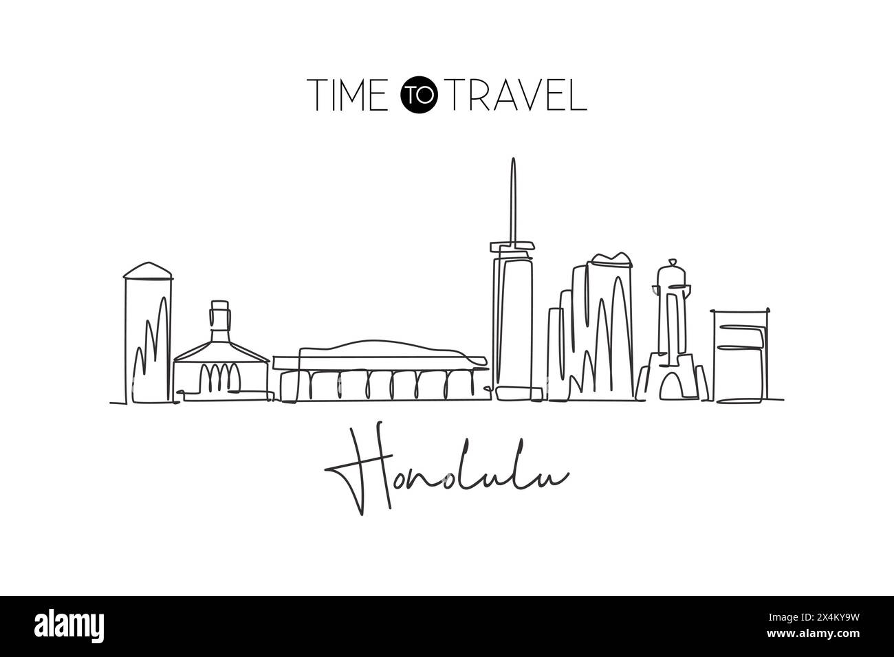 One single line drawing Honolulu city skyline, Hawaii. Historical town landscape in the world. Best holiday destination poster. Editable stroke trendy Stock Vector