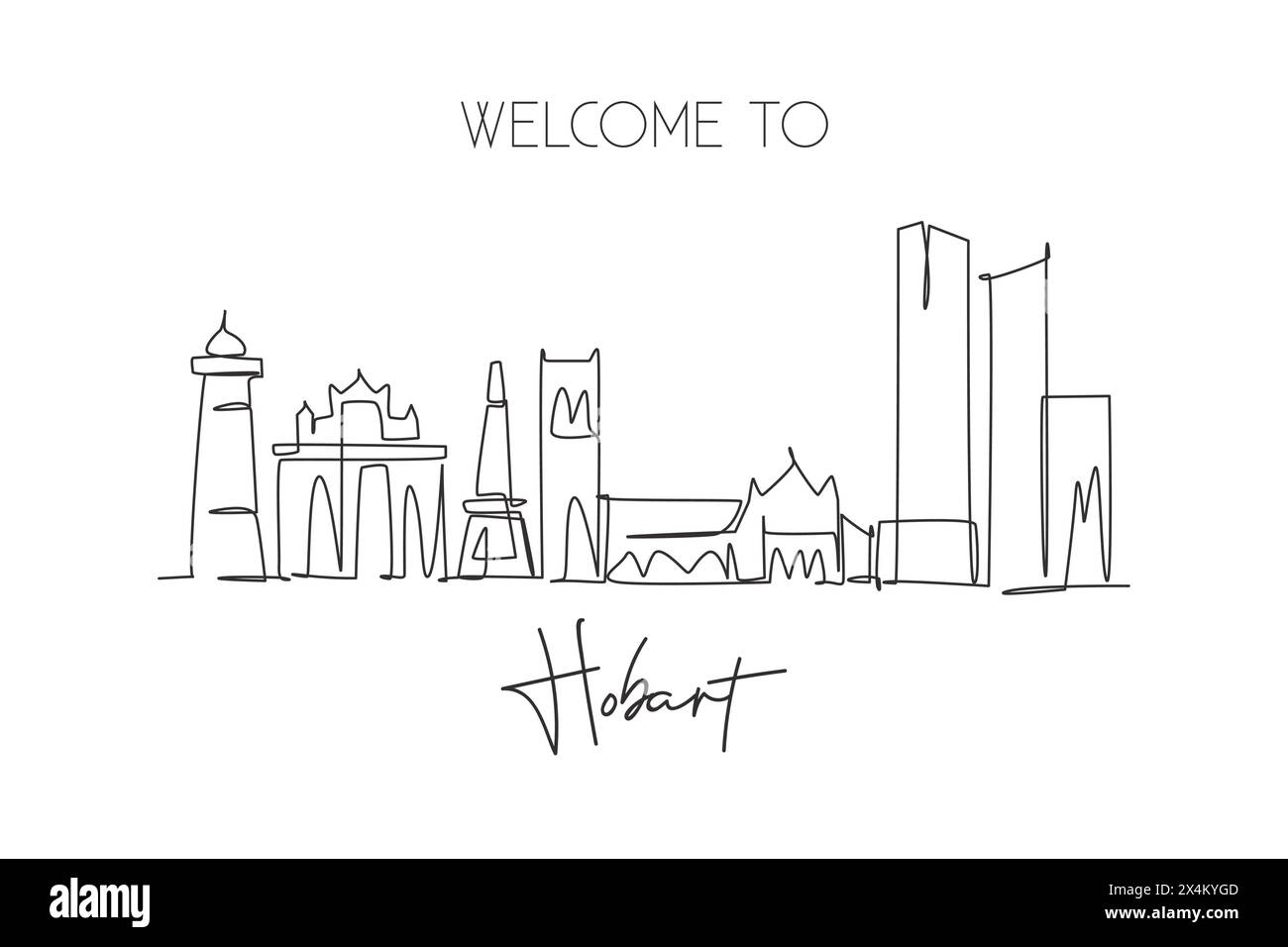 Single continuous line drawing of Hobart city skyline, Australia