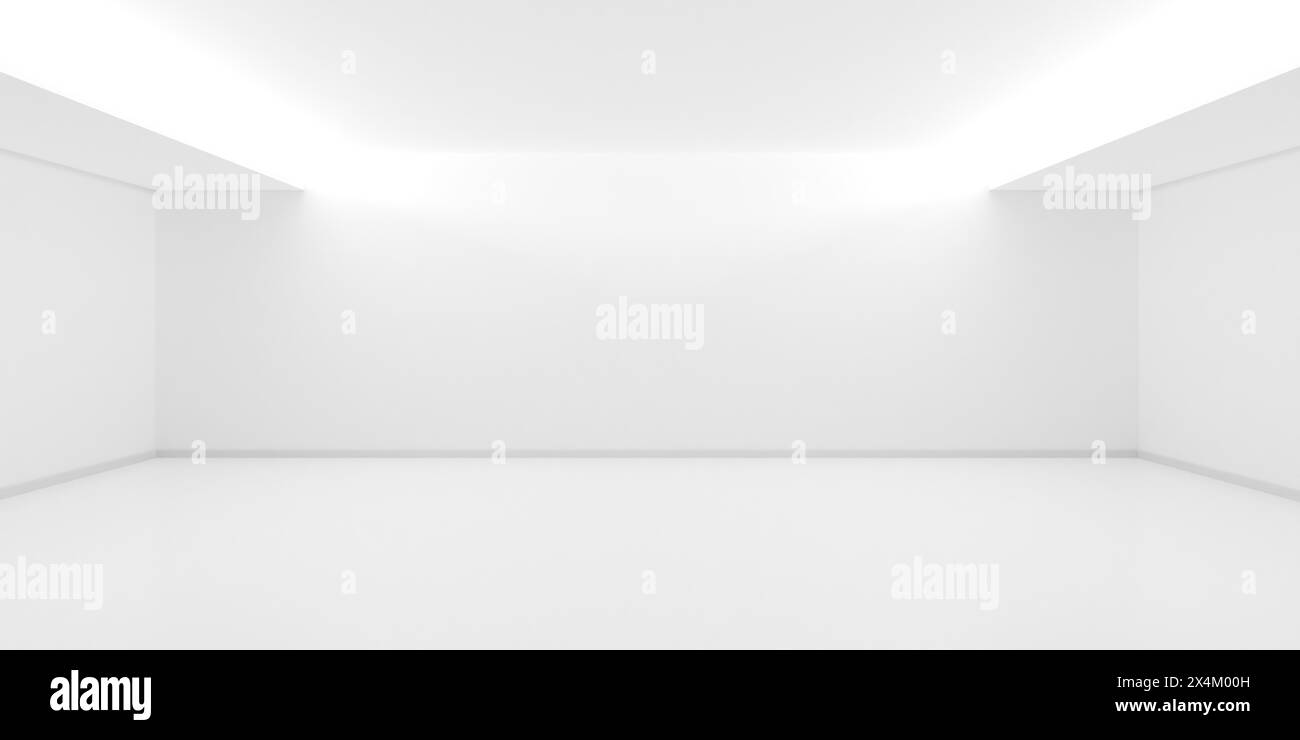 Empty white interior room with indirect ceiling lights left and right ...