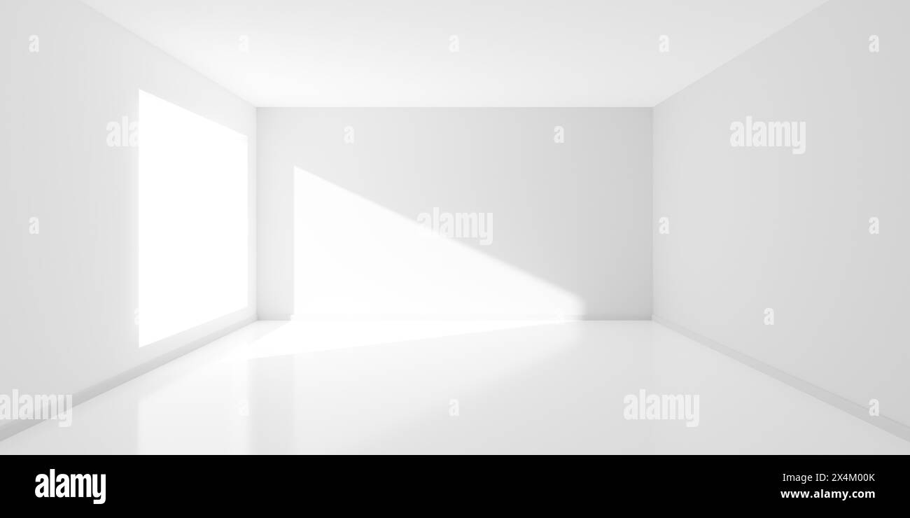 Empty white interior room with large window and sun shadow, modern ...
