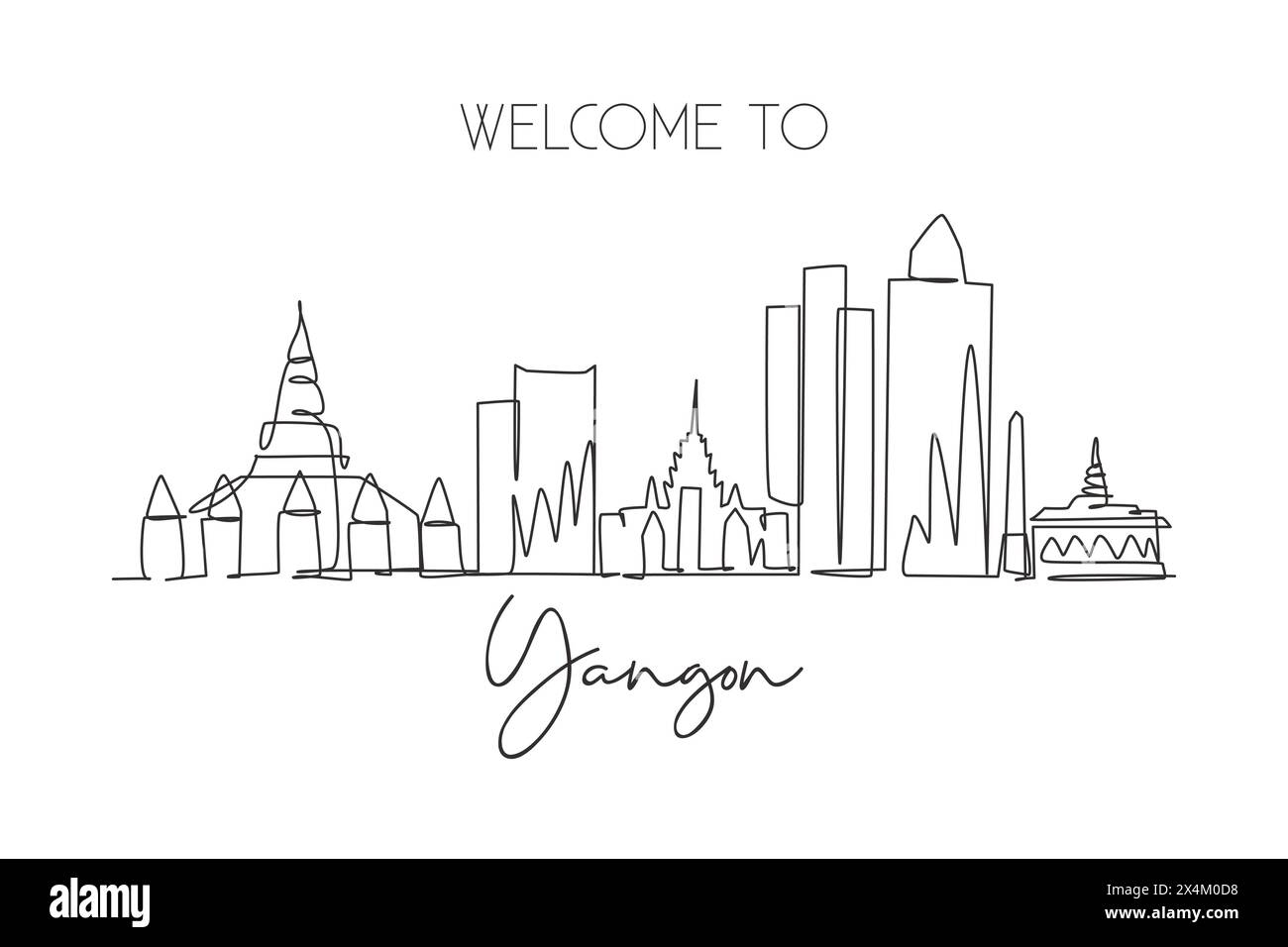 One single line drawing of Yangon city skyline, Myanmar. Historical town landscape in the world. Best holiday destination poster. Editable stroke tren Stock Vector
