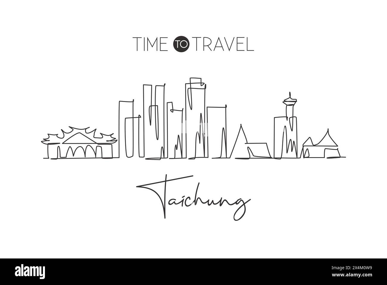 One continuous line drawing of Taichung city skyline, Taiwan. Beautiful landmark. World landscape tourism and travel vacation. Editable stylish stroke Stock Vector