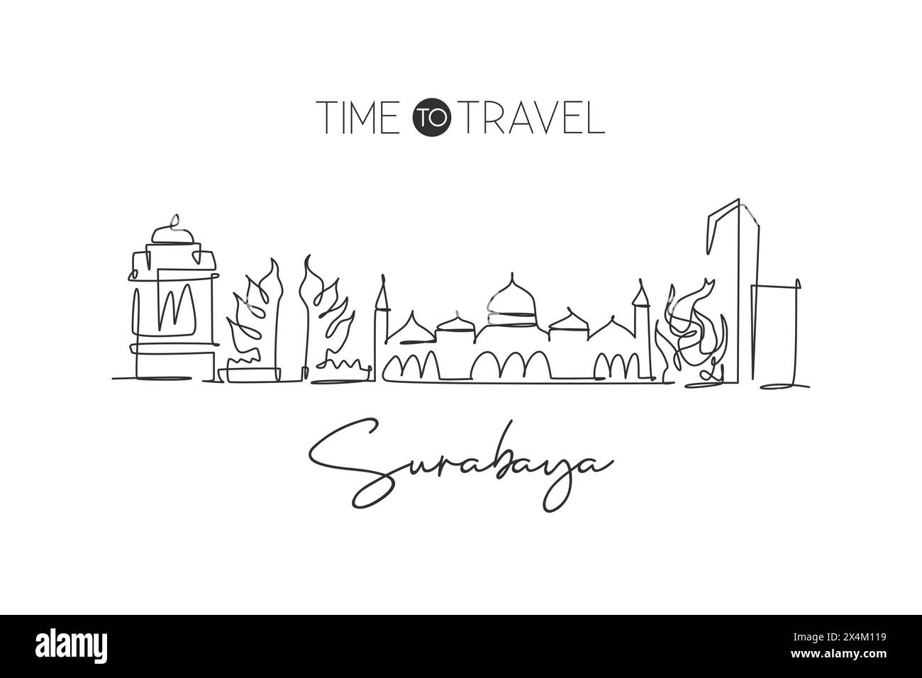 One continuous line drawing of Surabaya city skyline, Indonesia