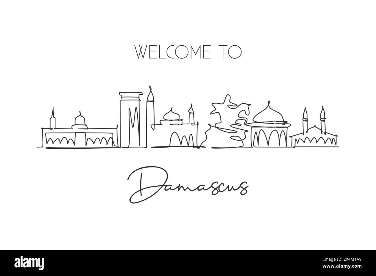 One continuous line drawing of Damascus city skyline, Syria. Beautiful