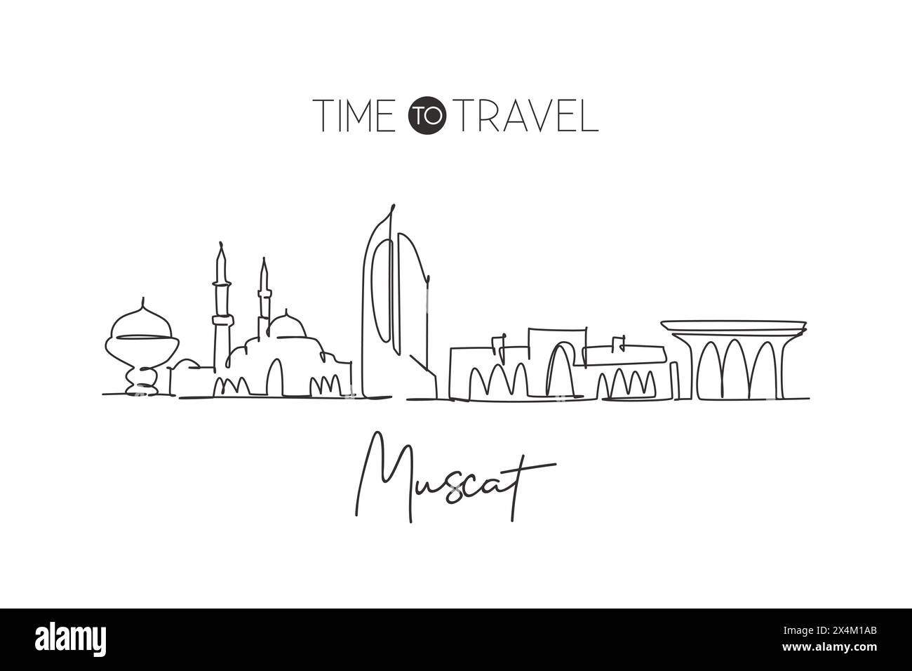 One single line drawing of Muscat city skyline, Oman. Historical town landscape in the world