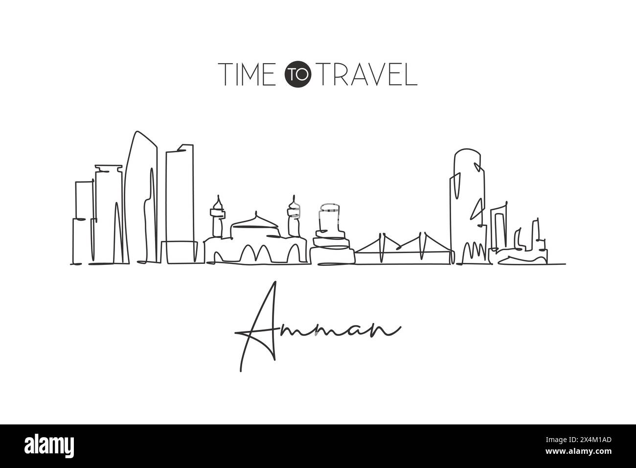 Single continuous line drawing of Amman city skyline, Jordan. Famous