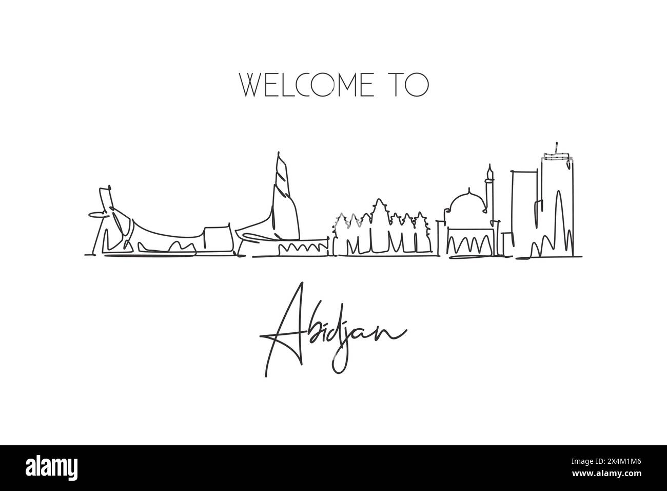 Single continuous line drawing of Abidjan city skyline, Ivory Coast. Famous city scraper landscape home wall decor poster print. World travel concept. Stock Vector