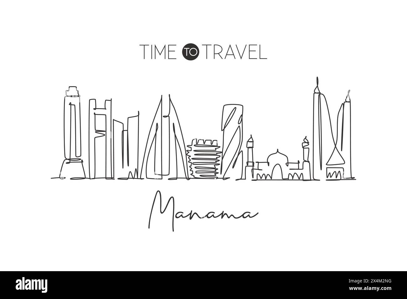 Single continuous line drawing Manama city skyline, Bahrain. Famous