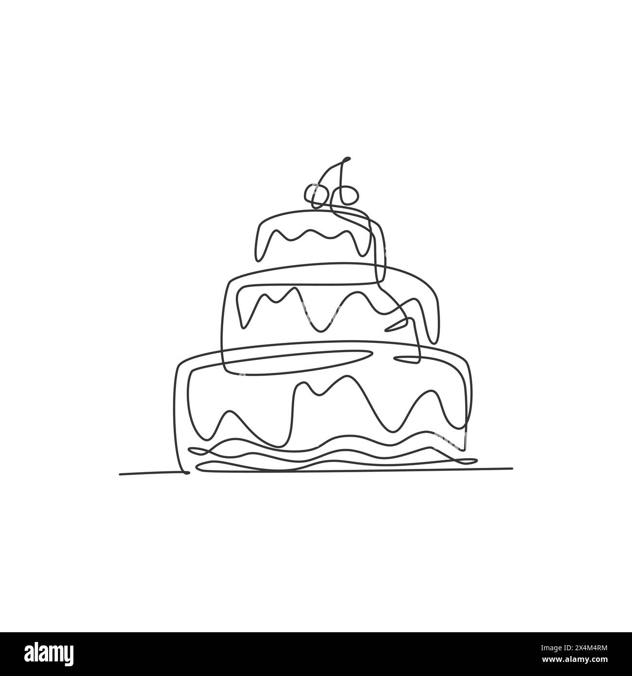One continuous line drawing of fresh delicious stacked birthday cake with strawberry fruit topping. Pastry confectionery concept. Modern single line d Stock Vector