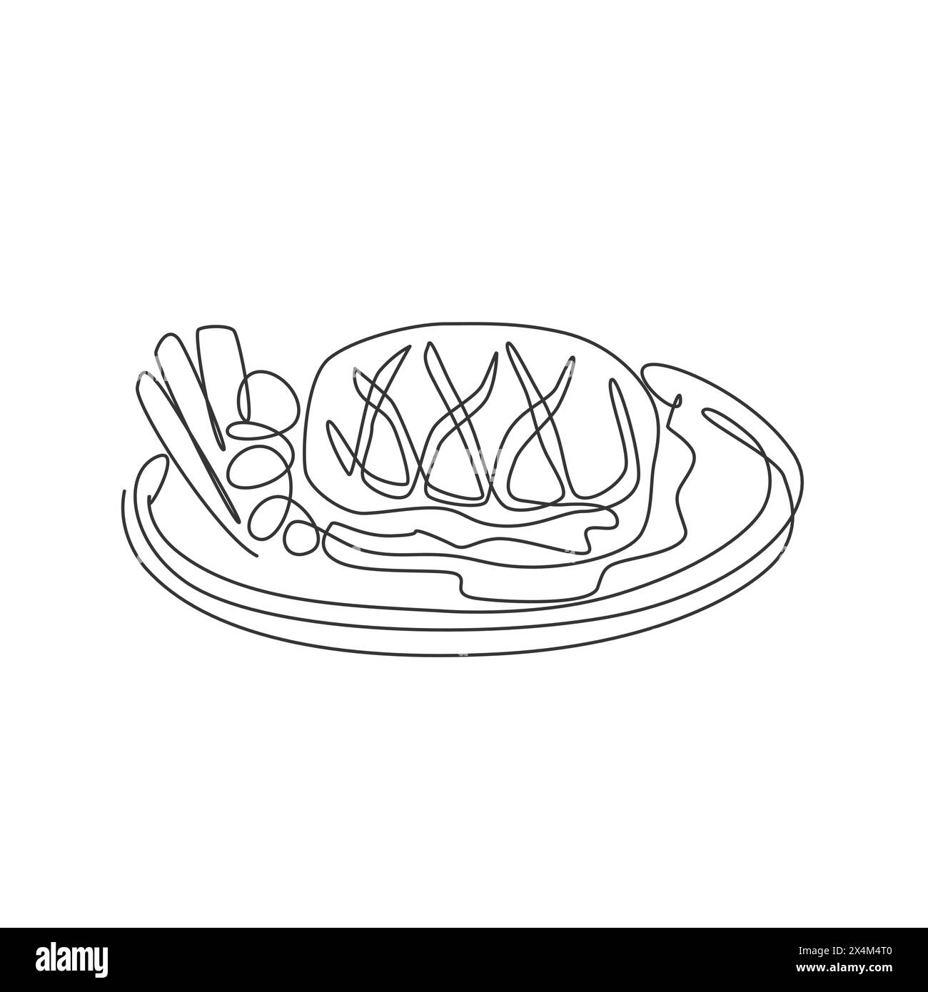 One continuous line drawing of fresh juicy delicious beef steak on hot plate. Steak restaurant template concept. Modern single line draw design graphi Stock Vector