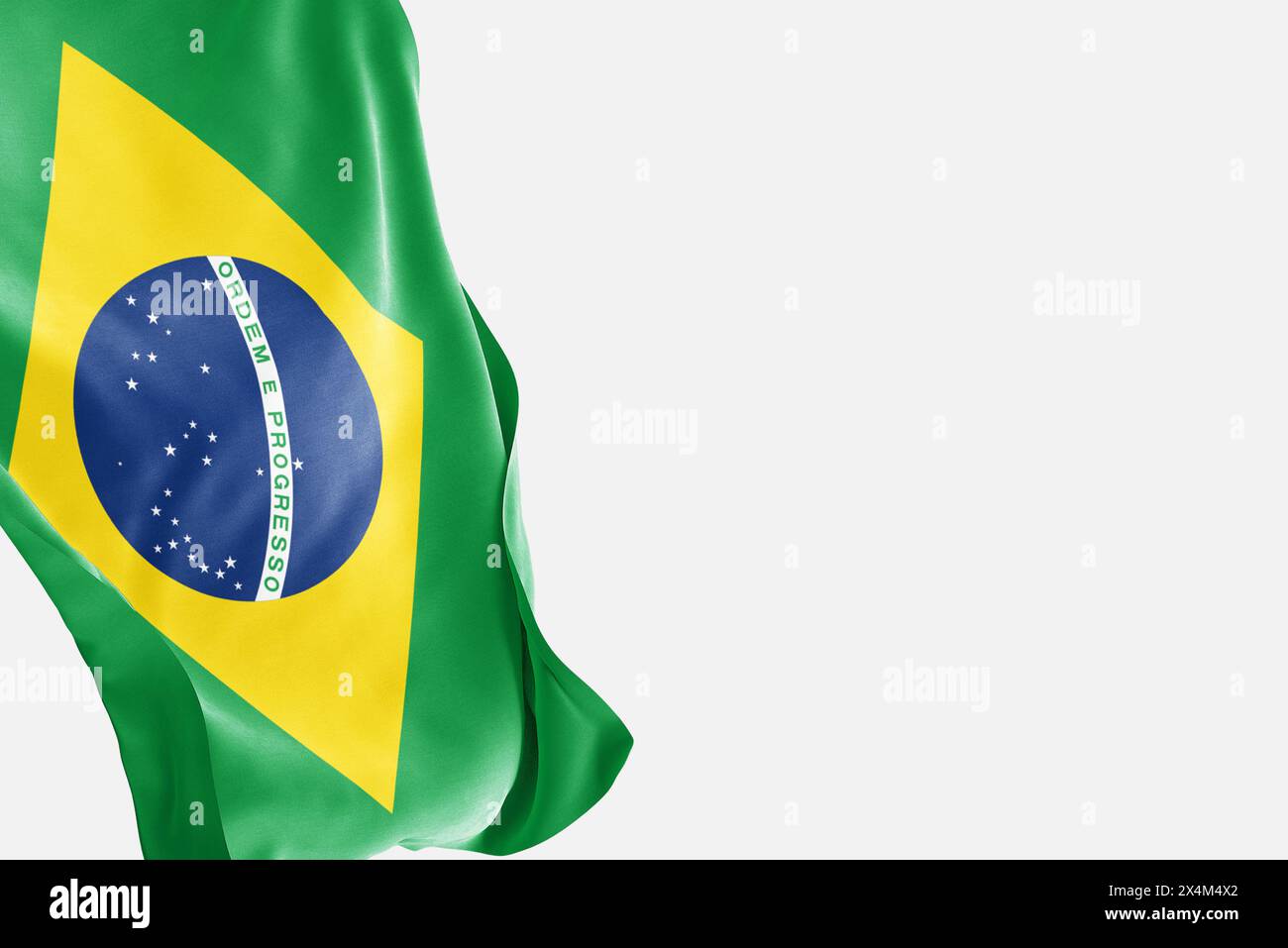 National flag of Brasil flutters in the wind. Wavy Brasil Flag. Close-up front view. Stock Photo