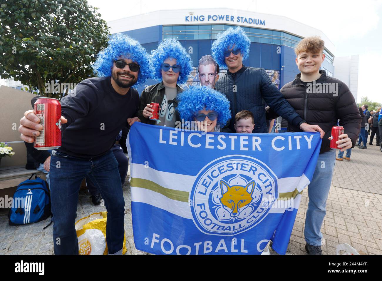 Leicester City fans pose for photographs outside the stadium ahead of the Sky Bet Championship match at the King Power Stadium, Leicester. Picture date: Saturday May 4, 2024. Stock Photo