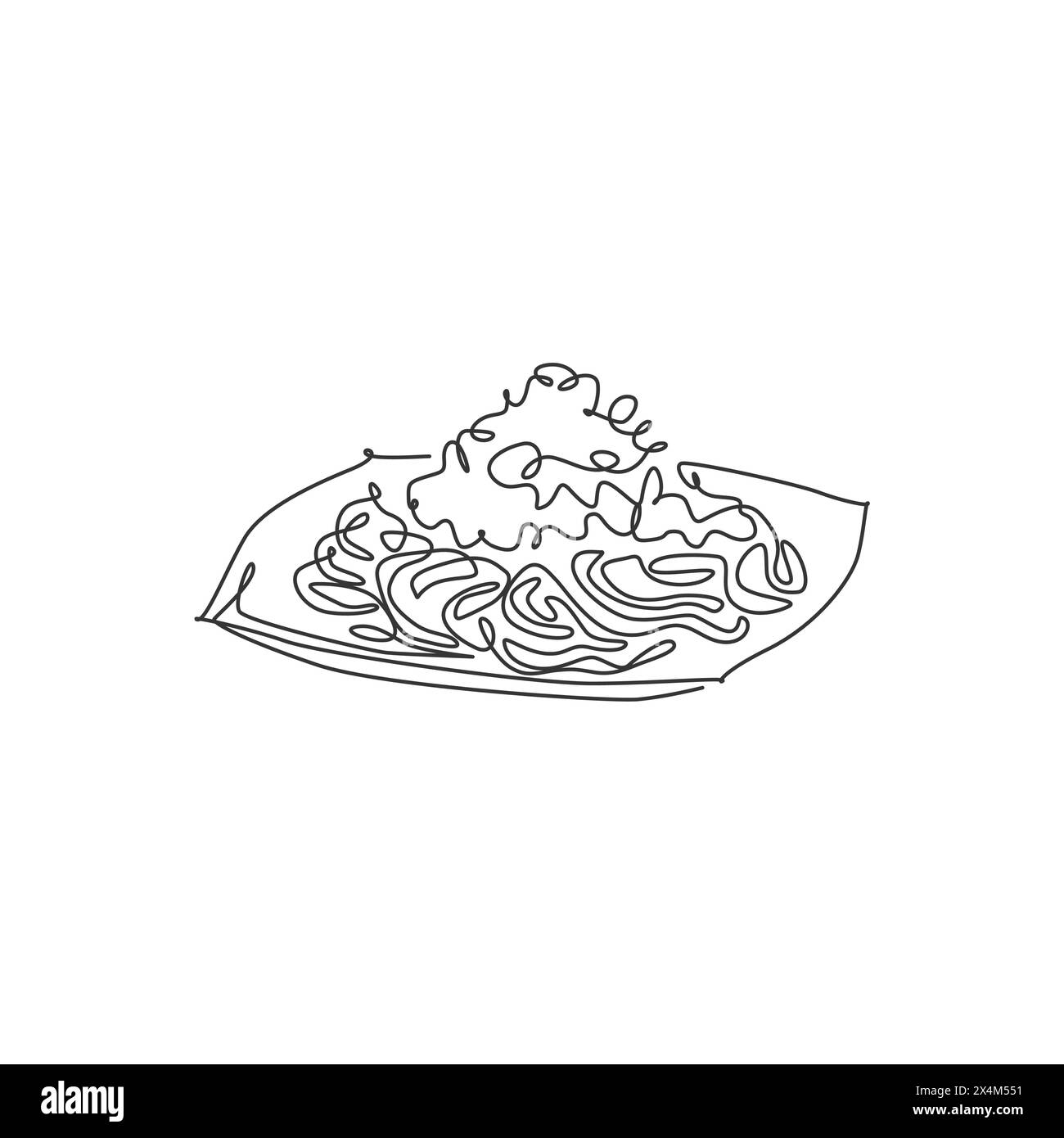 Single continuous line drawing of tasty delicious Italian spaghetti logo label. Pasta noodle restaurant concept. Modern one line draw design vector il Stock Vector