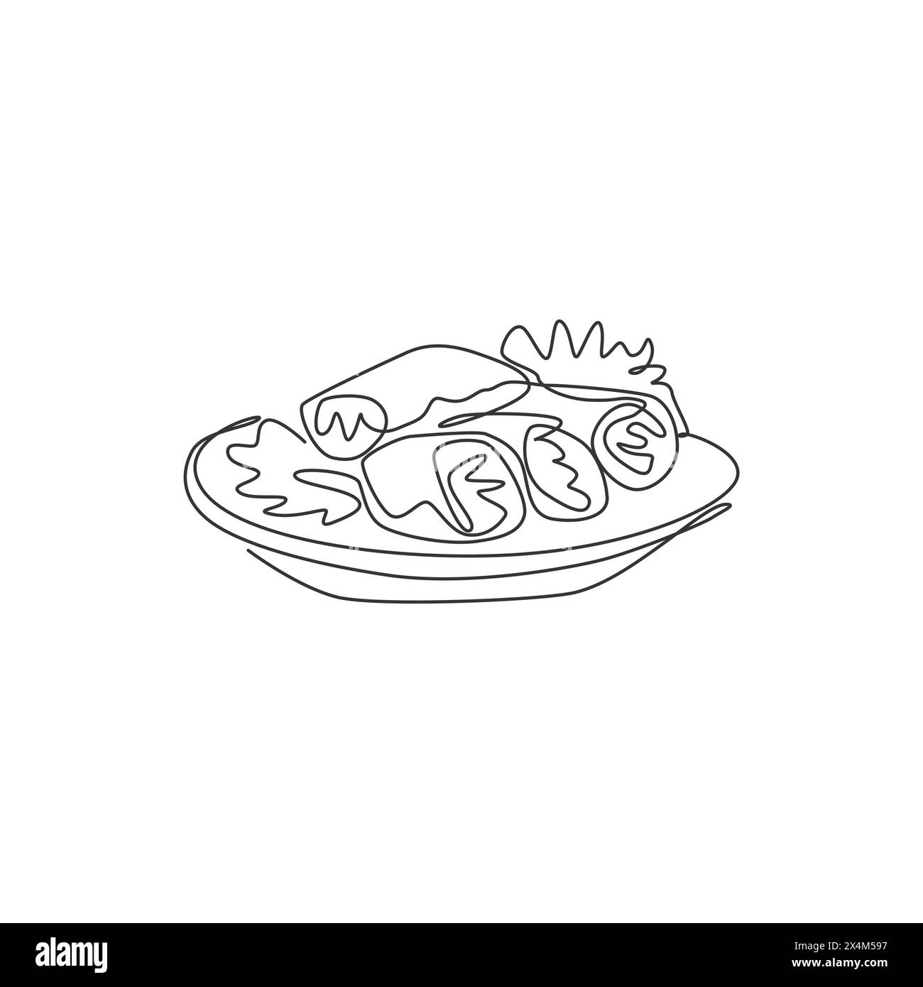 Single continuous line drawing of stylized Chinese spring roll on plate ...