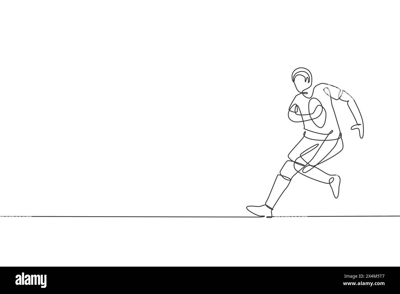 One single line drawing of young energetic rugby player training and practicing at field vector illustration. Full body contact sport concept. Modern Stock Vector